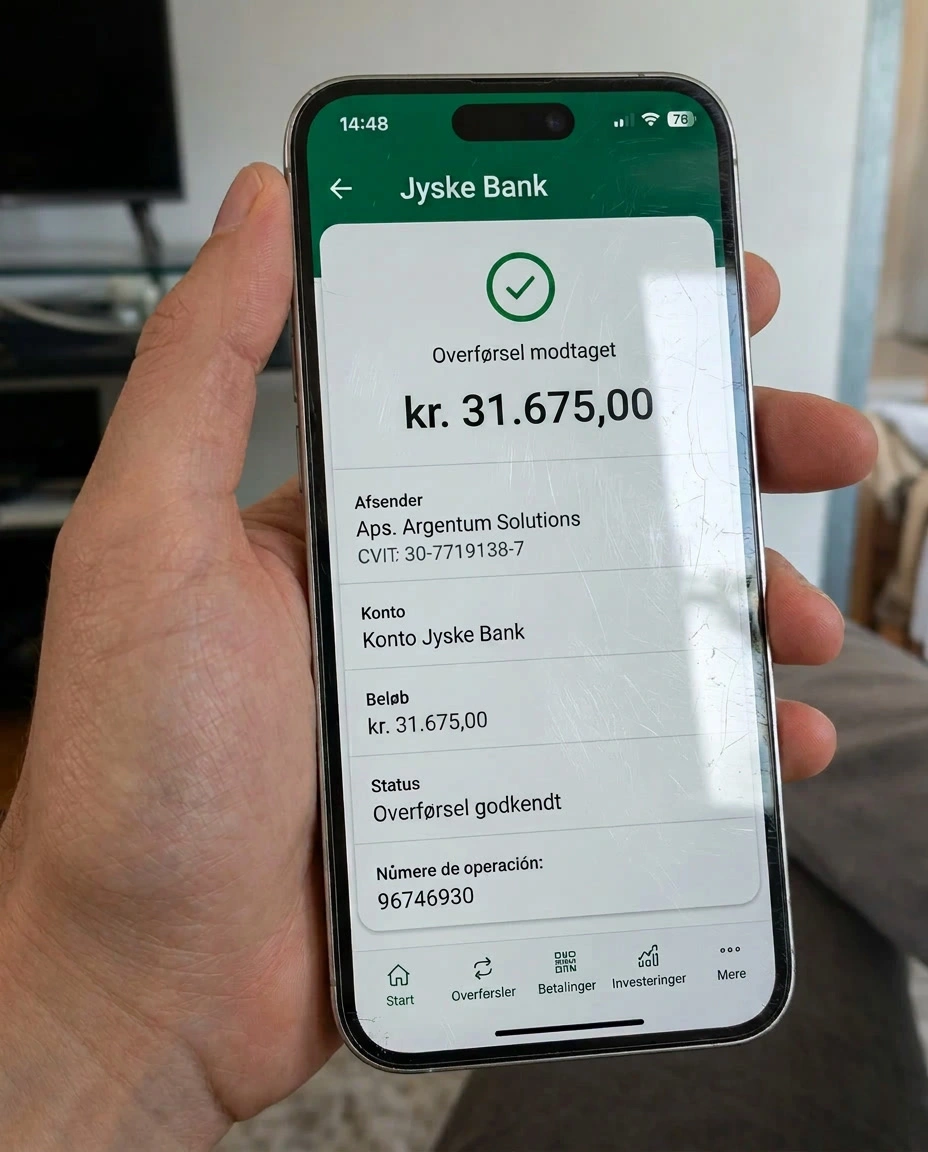 Skærmbillede af Jyske: overførsel fra BitKeltTrade S.A. på 2.750.000 kr.