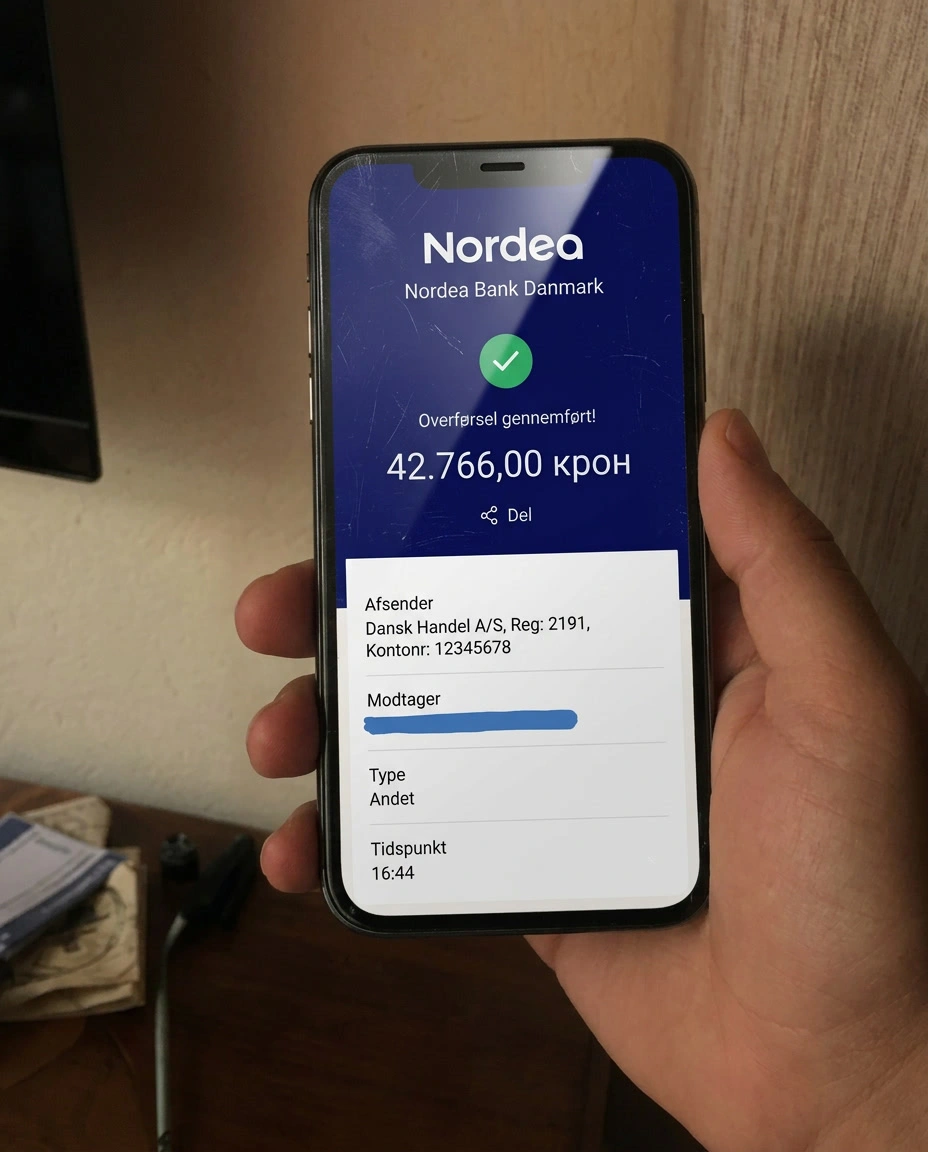 Skærmbillede af Nordea Bank: overførsel fra BitKeltTrade S.A. på 43.766 kr.